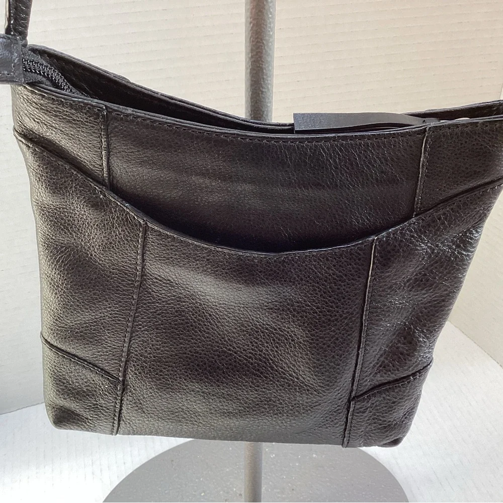 J Jill Black Leather Crossbody with real stone enclosure. JS4